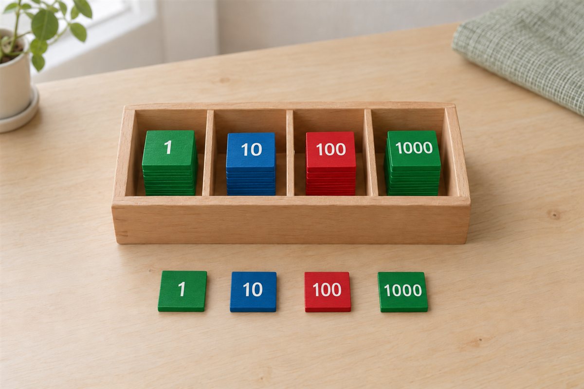 Illustration créée par IA : Boîte de timbres Montessori remplie et quatre petits timbres 1, 10, 100 et 1000