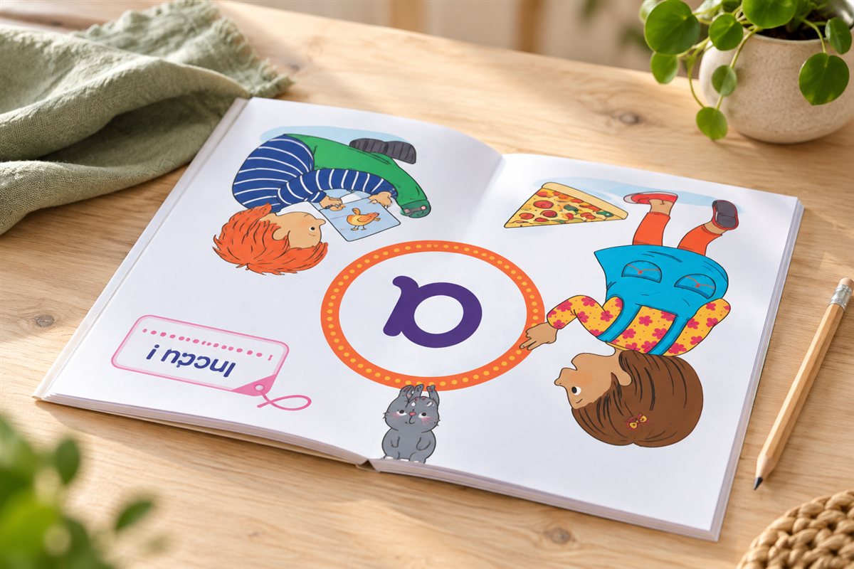 Illustration créée par IA : Le cahier Montessori ouvert sur une table en bois