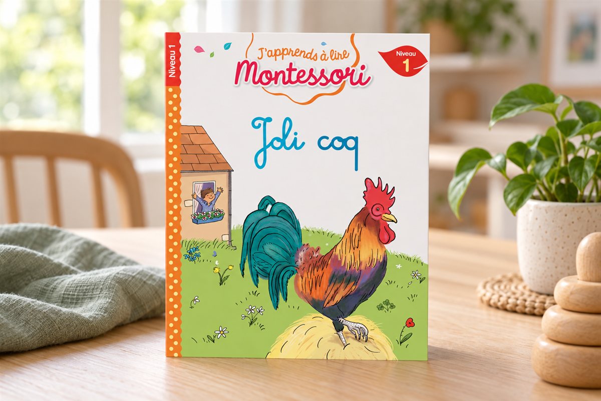 Illustration créée par IA : Le livre Joli coq de Hachette présenté sur une table en bois