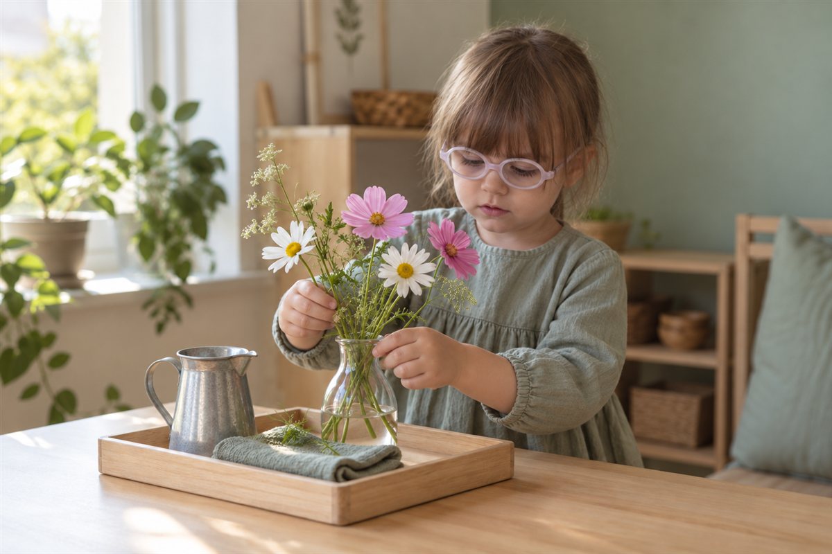 Illustration créée par IA : Une enfant compose un bouquet de fleurs