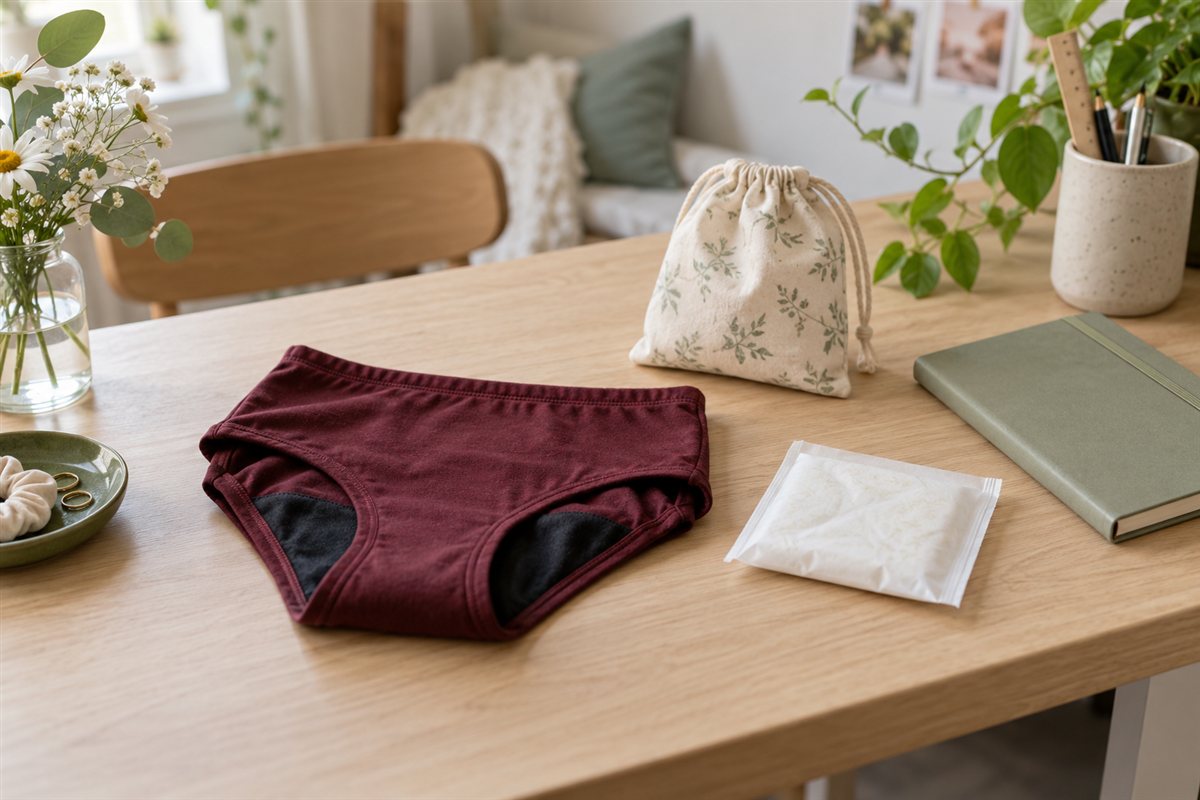 Illustration créée par IA : Protections menstruelles et pochette pour les premières règles