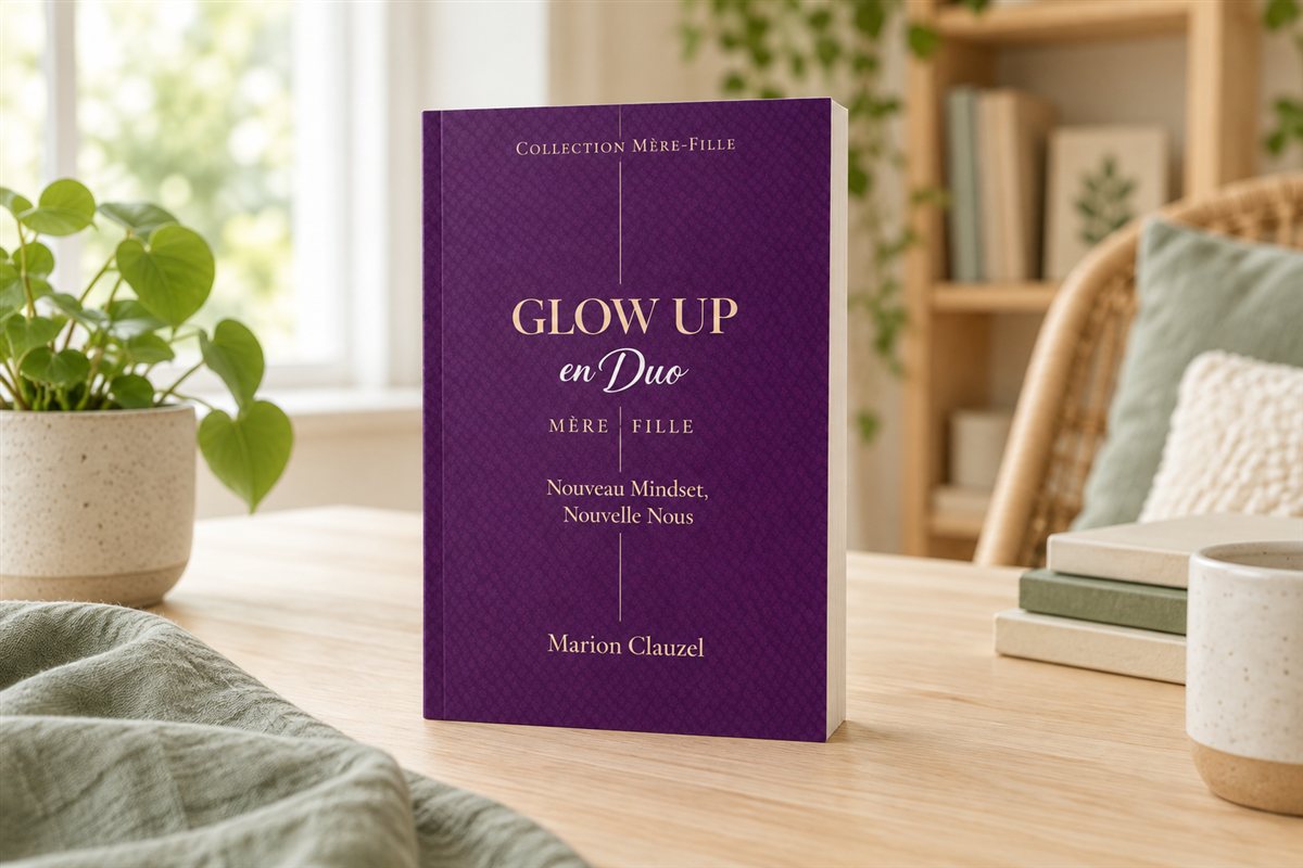 Illustration créée par IA : Le livre Glow Up en Duo présenté sur une table en bois