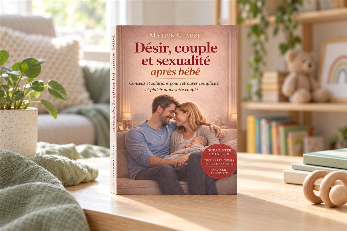 Illustration créée par IA : Le livre Désir, couple et sexualité après bébé présenté sur une table