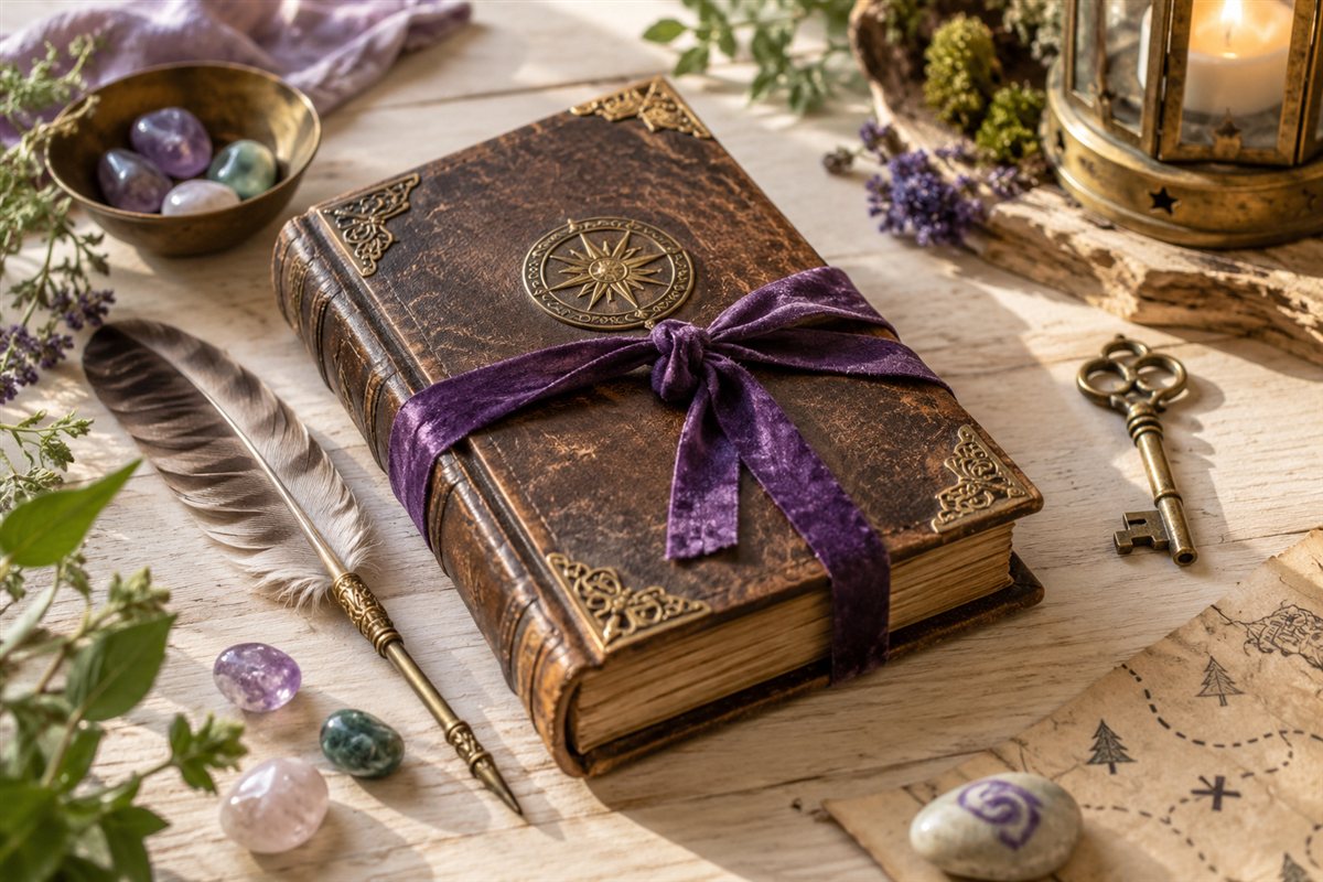 Illustration créée par IA : Grimoire et accessoires du jeu Magikus