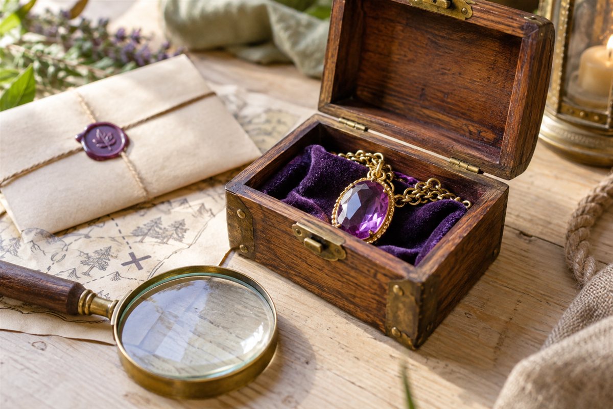 Illustration créée par IA : Collier de pouvoir dans un coffre de jeu