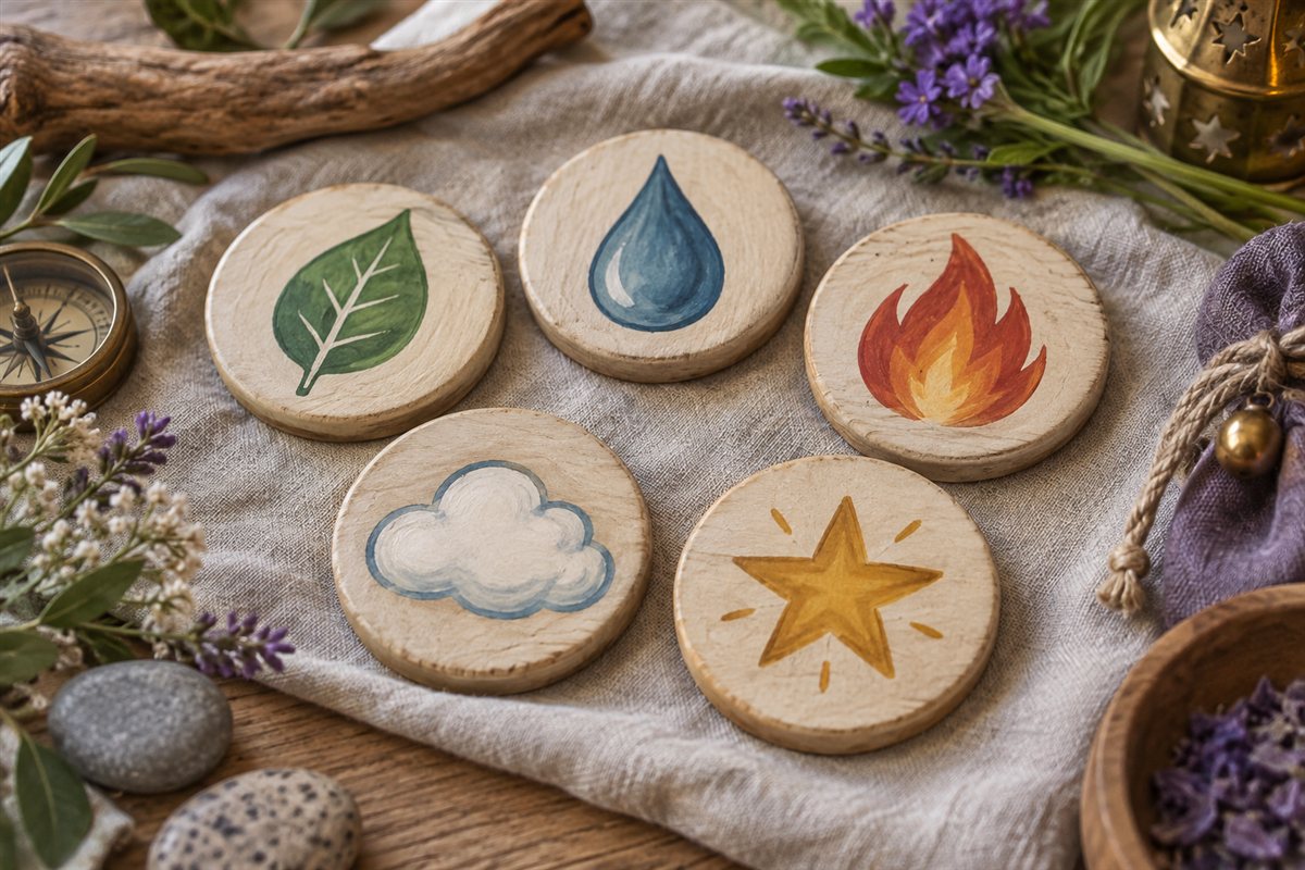Illustration créée par IA : Cinq symboles pour le rituel des éléments