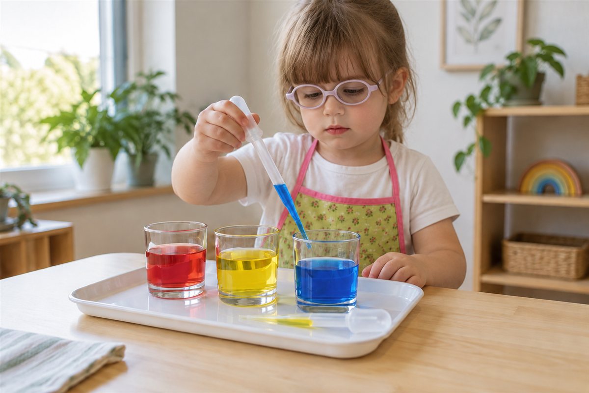 Illustration créée par IA : Une enfant découvre les mélanges de couleurs