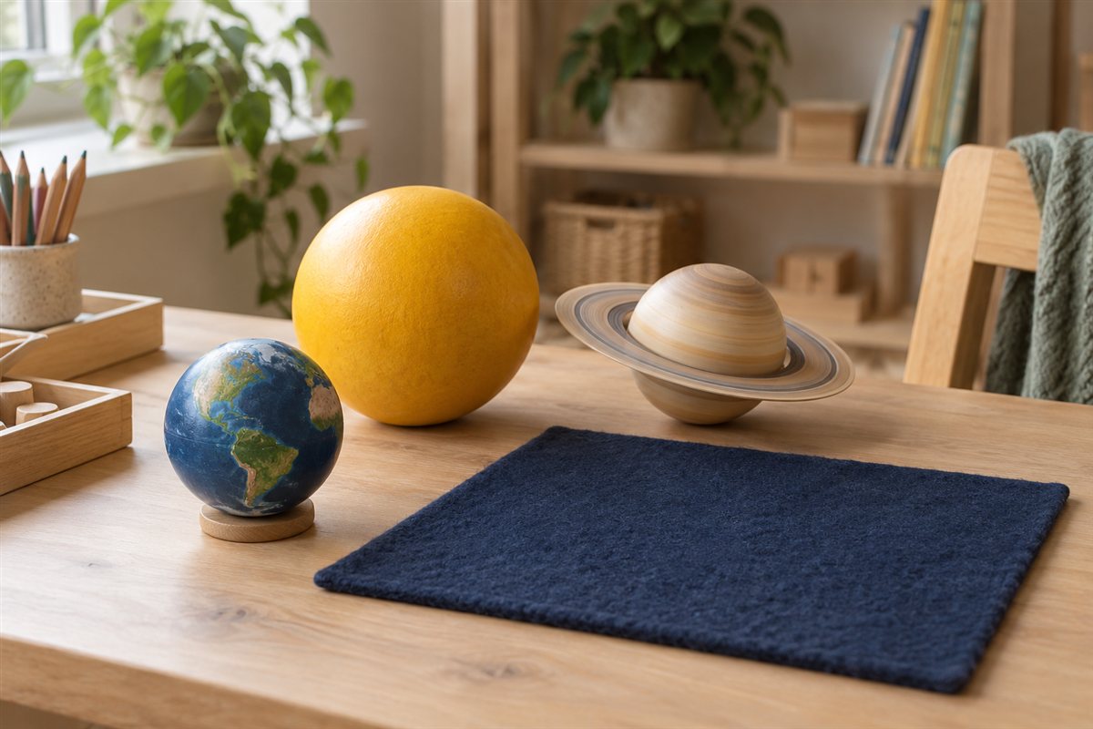 Illustration créée par IA : Maquettes du Soleil, de la Terre et de Saturne