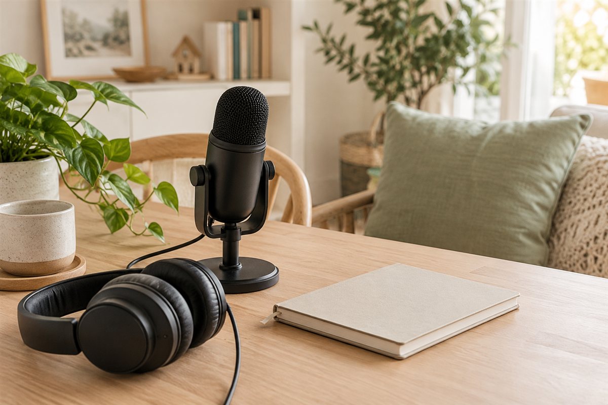Illustration créée par IA : Microphone et casque dans un coin podcast lumineux
