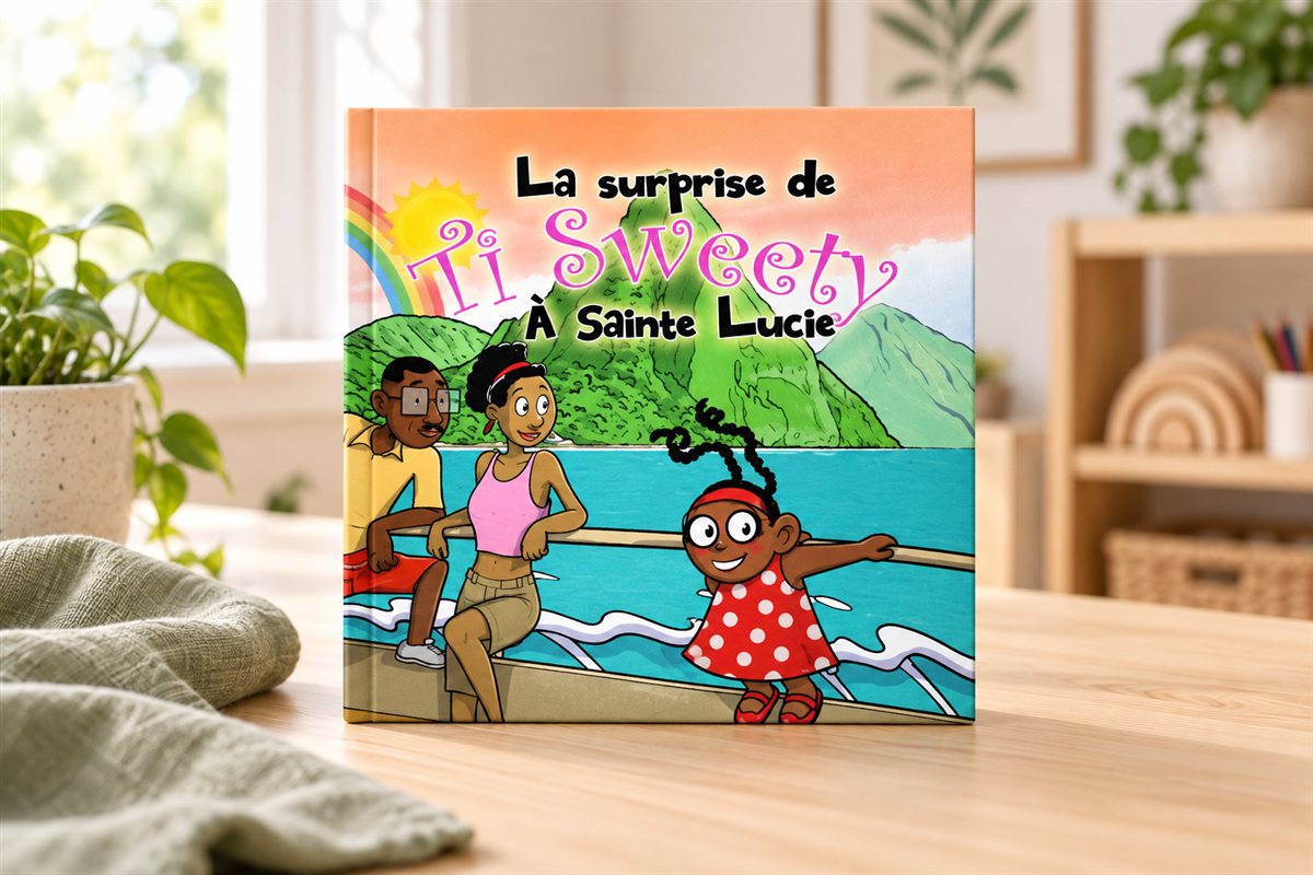 Illustration créée par IA : Le livre La surprise de Ti Sweety à Sainte-Lucie présenté sur une table