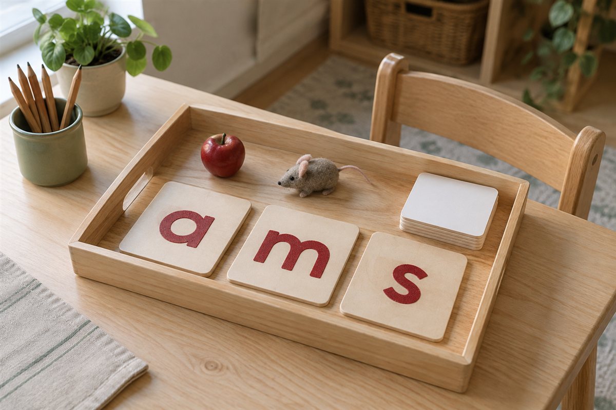 Illustration créée par IA : Lettres mobiles et objets sur un plateau Montessori