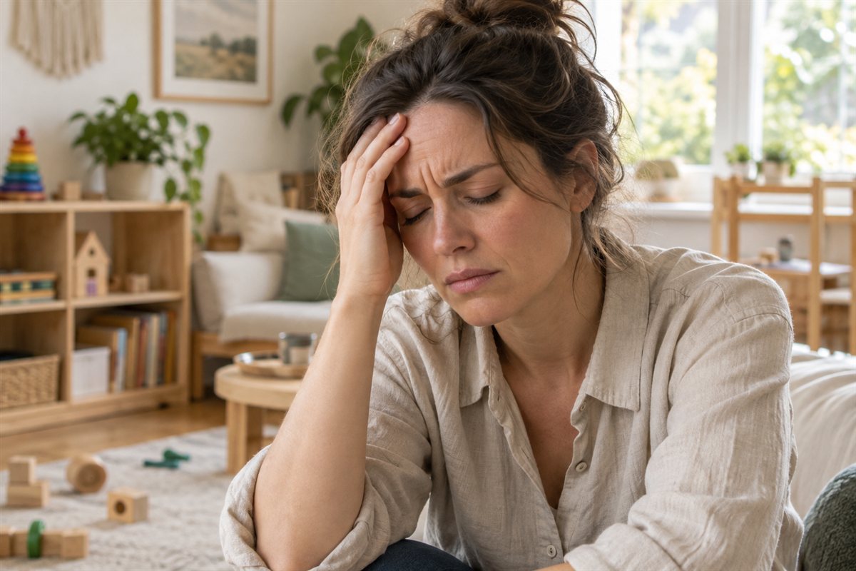 Illustration créée par IA : Une maman contrariée fait une pause pour retrouver son calme