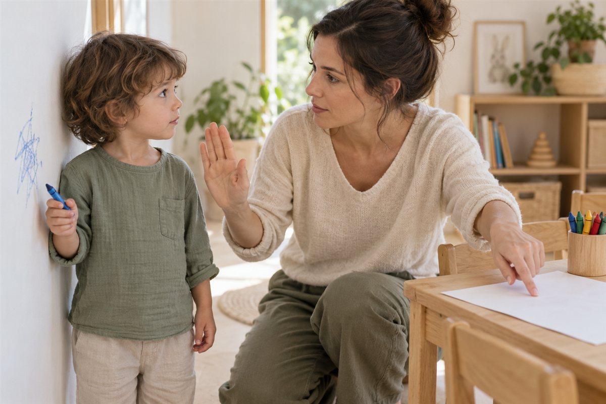 Illustration créée par IA : Une maman pose calmement une limite et propose de dessiner sur le papier