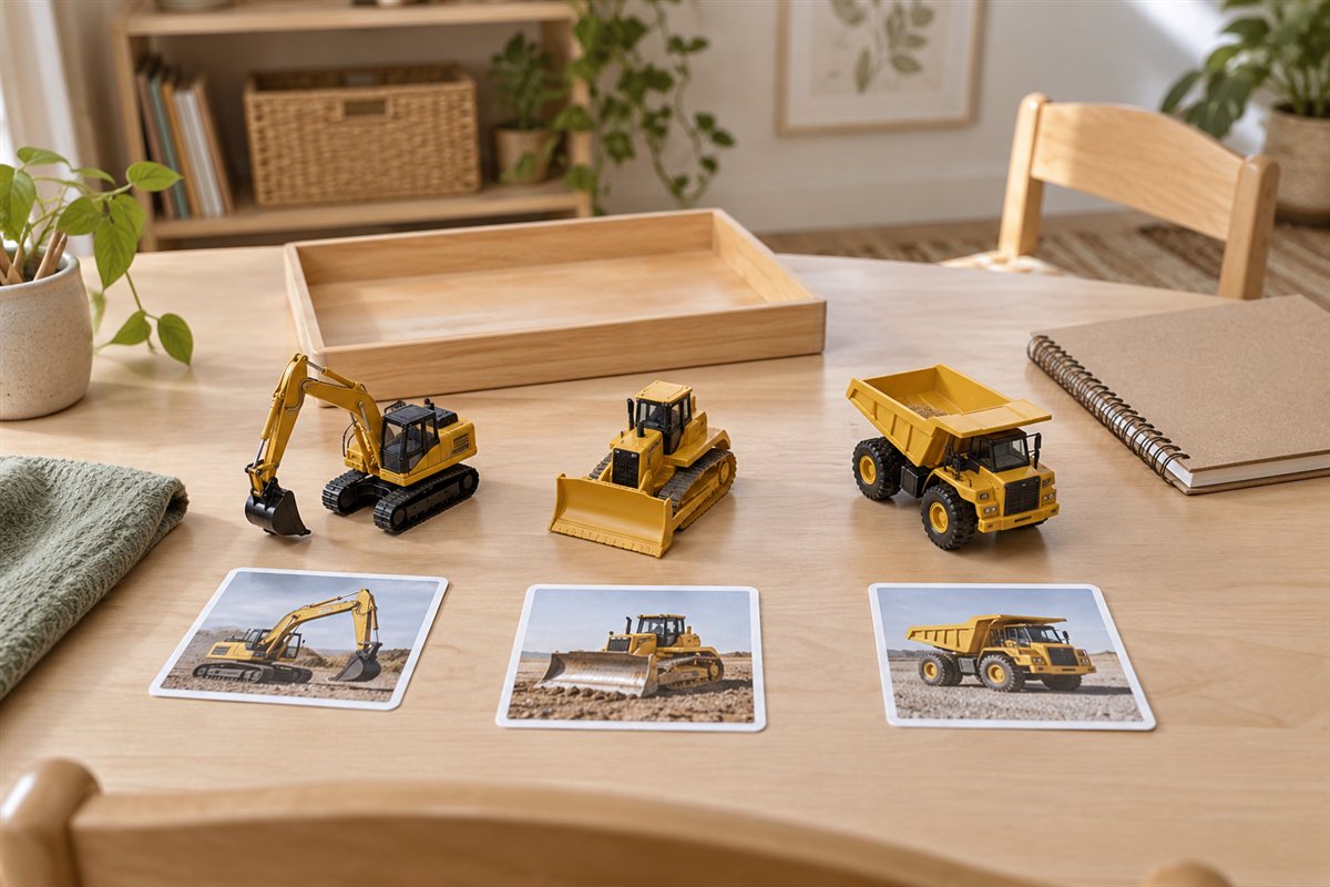Illustration créée par IA : Engins de chantier miniatures et cartes illustrées